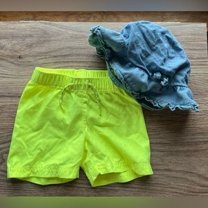 Beach Bundle! Old Navy neon swim trunks 6-12m & Oshkosh B’gosh sun hat 0-9m